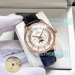 AAA replica Omega De Ville rose gold case moon phase automatic watch black leather strap 